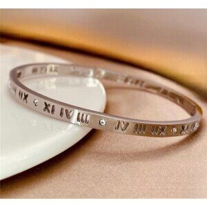 White Gold Roman Numeral Bangle Bracelet Cubic Zirconia Stackable womens jewelry